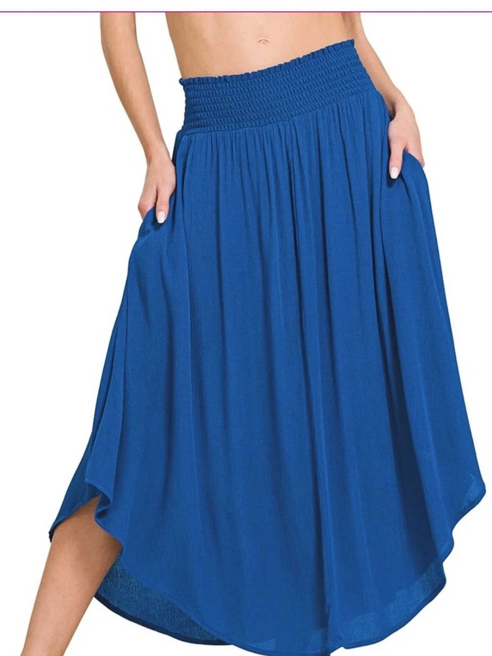 Zenana Women’s Blue Smocked Waist Flowing Maxi Skirt L